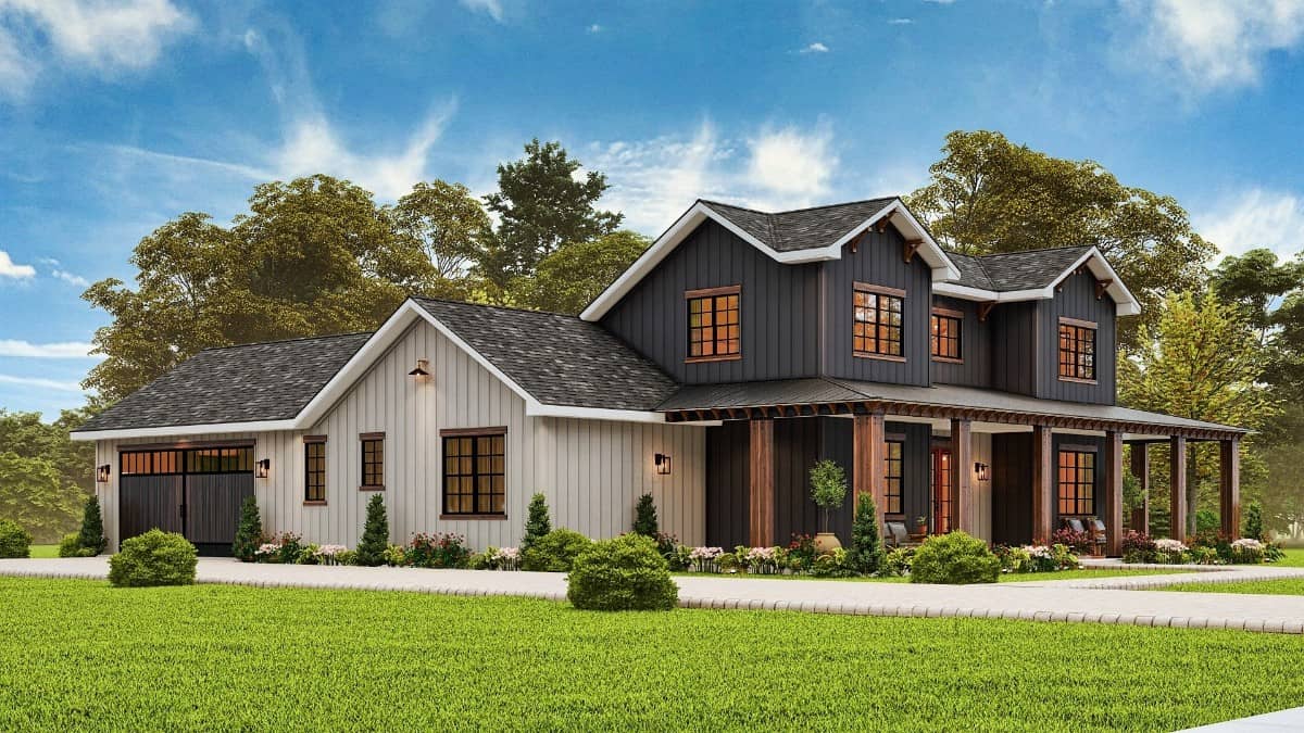 Front-left rendering showcasing the side-loading garage.