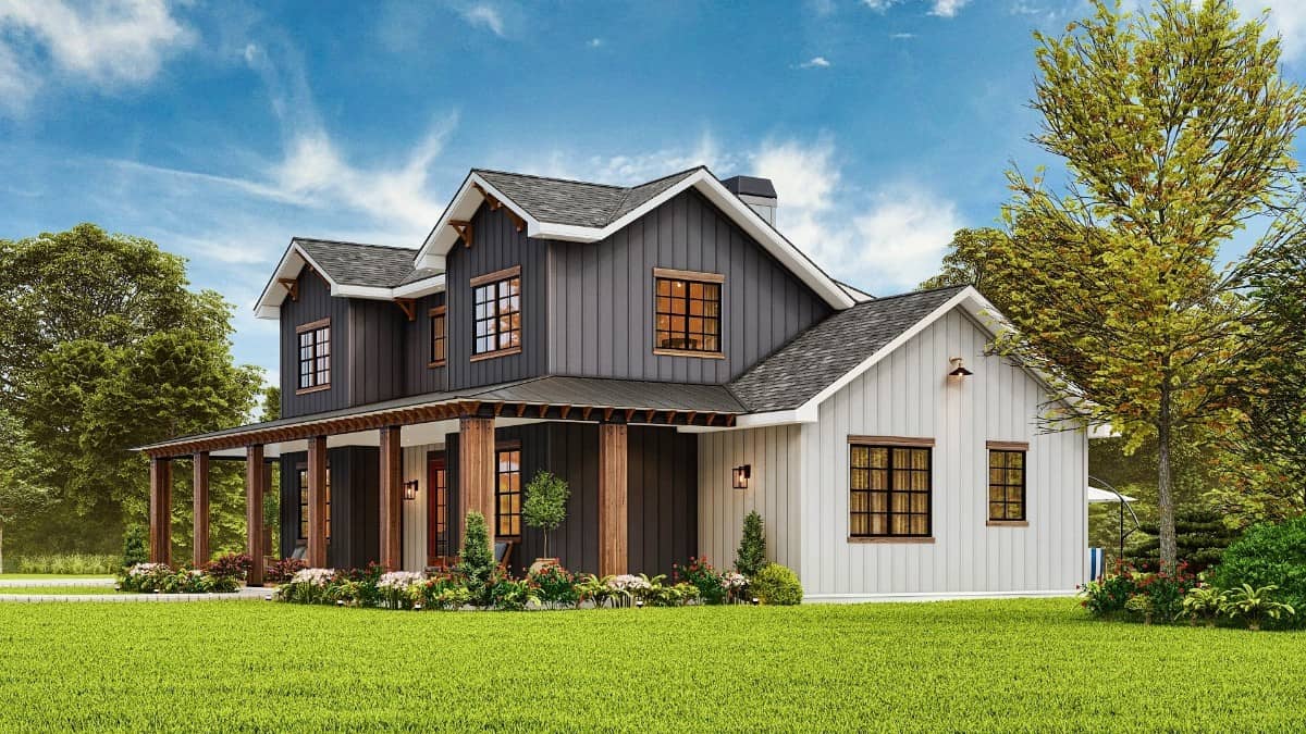 Front-right rendering with board and batten siding, gable rooflines, and a covered porch.