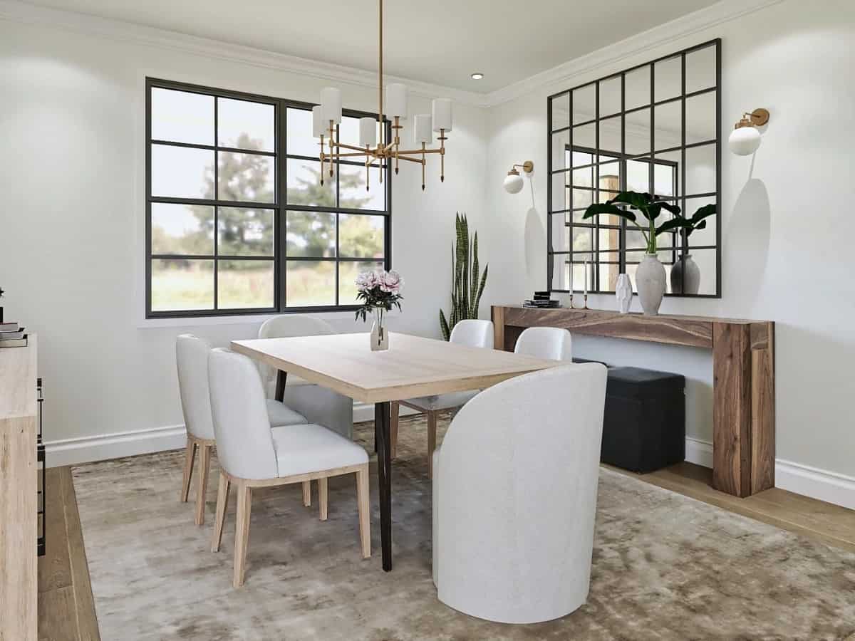 Dining room with a 6-seater dining set and a wooden buffet table topped with decorative vases and an iron-framed mirror.