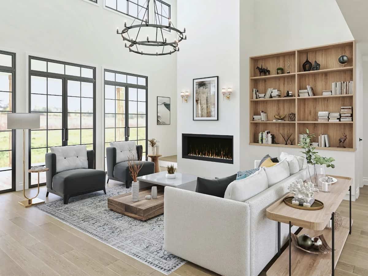 Lodge room with an electric fireplace, built-in shelves, and three sets of French doors that open to a covered porch.