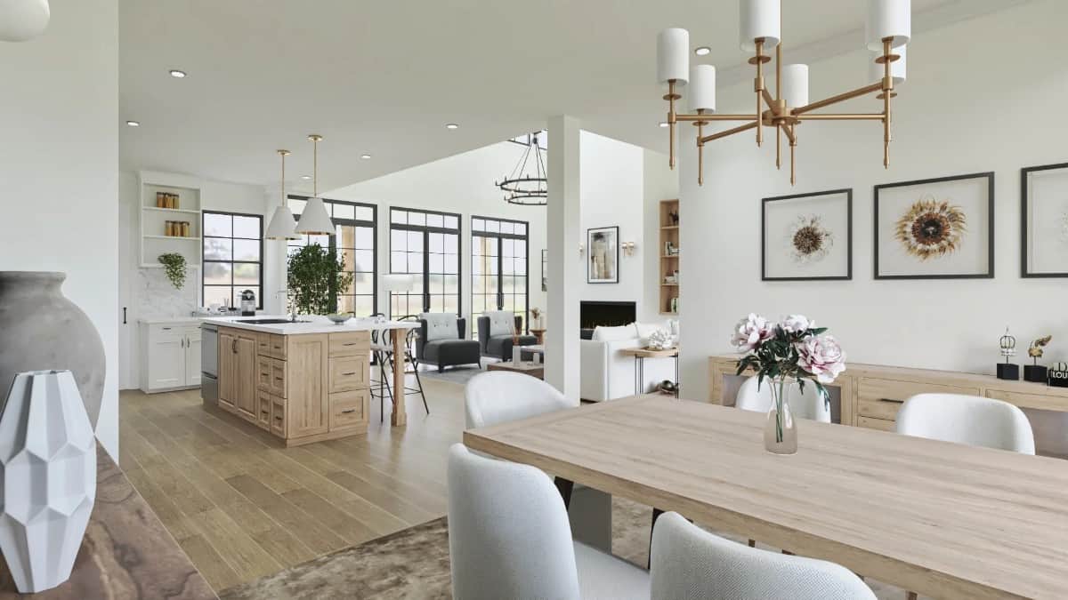 View of the kitchen and lodge room from the dining area.