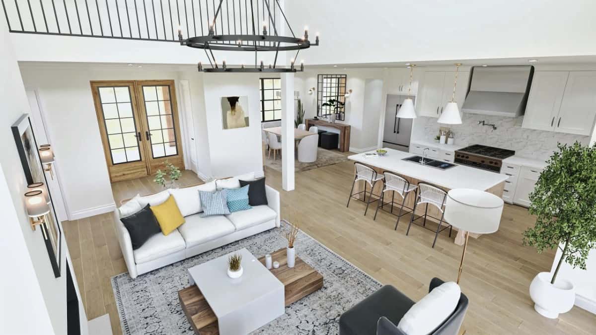 A view of the open-concept living from the second-level balcony.