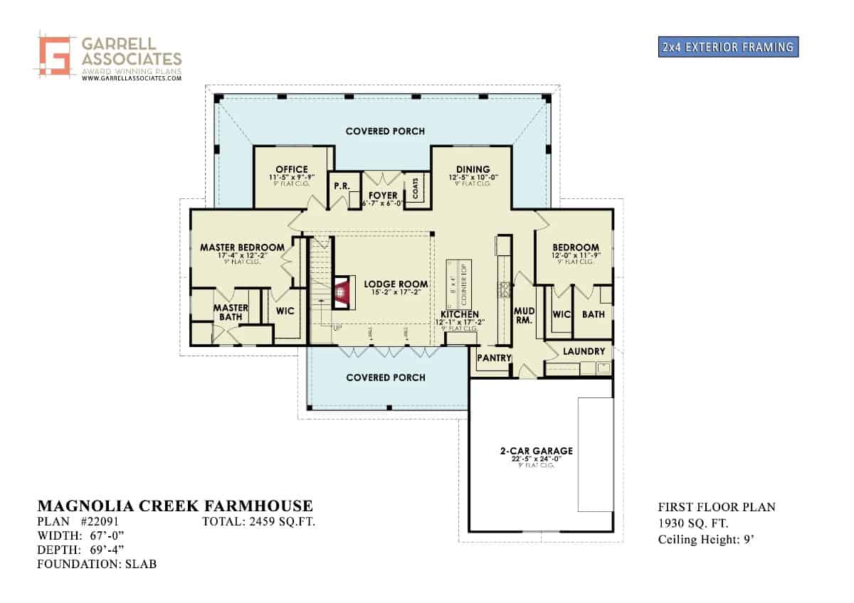 Main level floor plan of a two-story farmhouse style 3-bedroom Magnolia Creek home with lodge room, kitchen, dining area, two bedrooms, home office, laundry, and a 2-car garage.
