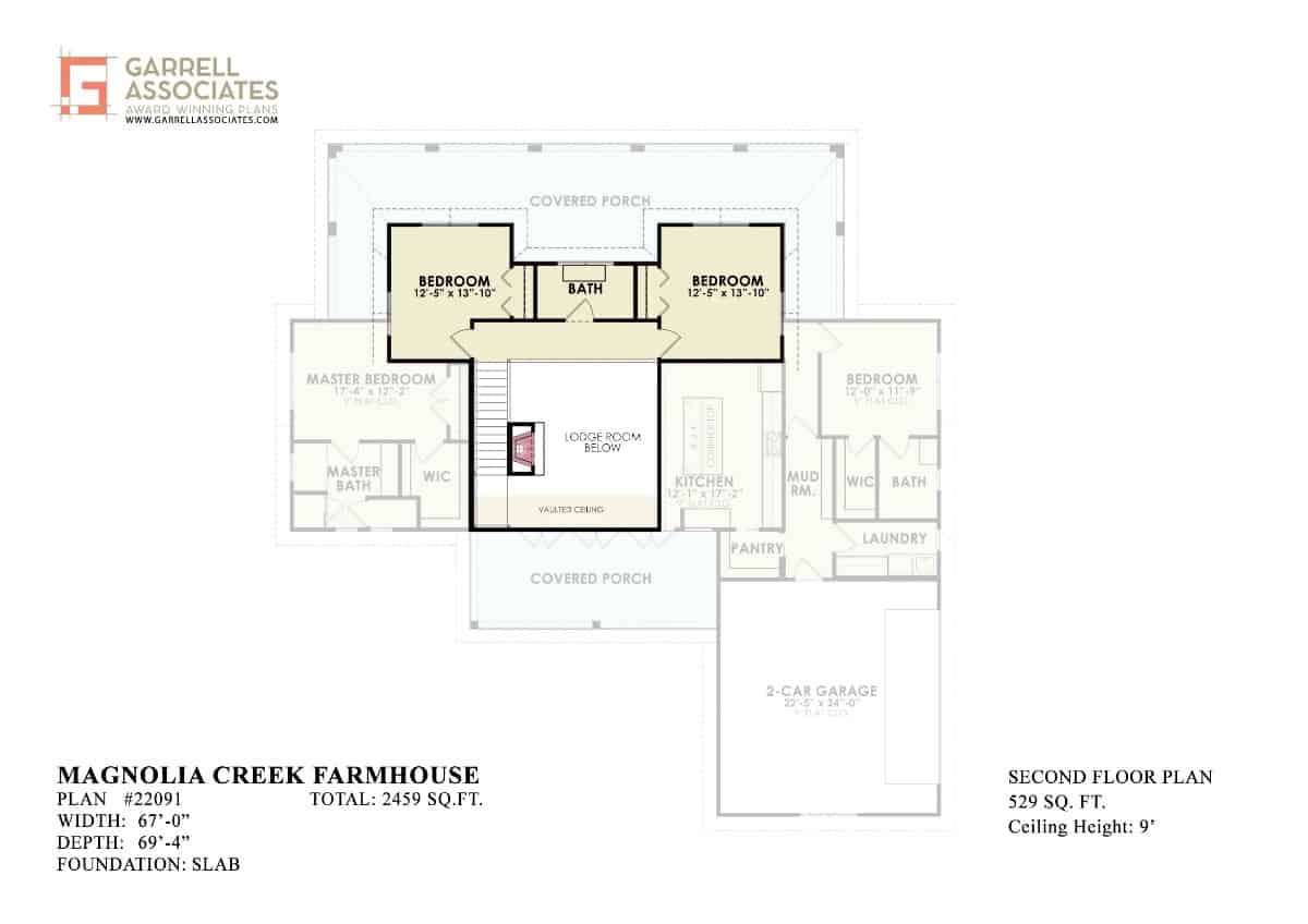 Second level floor plan with two bedrooms and a shared bathroom.