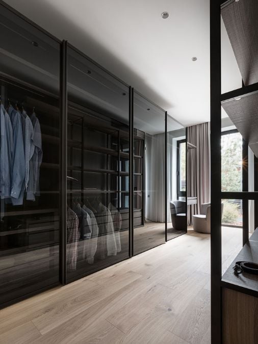 A walk in closet with glass door