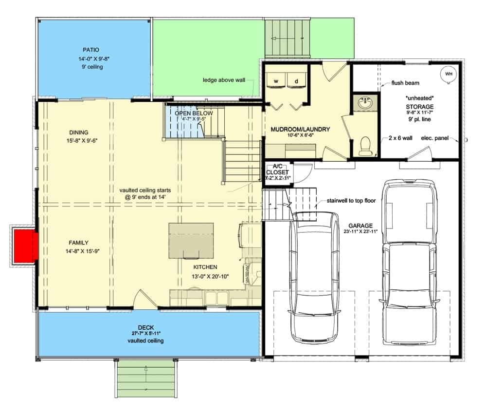 Main level floor plan of a 3-bedroom rustic two-story craftsman home with family room, kitchen, dining area, and mudroom/laundry leading to the garage.