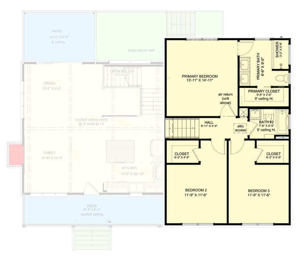 Second level floor plan with three bedrooms and two bathrooms.