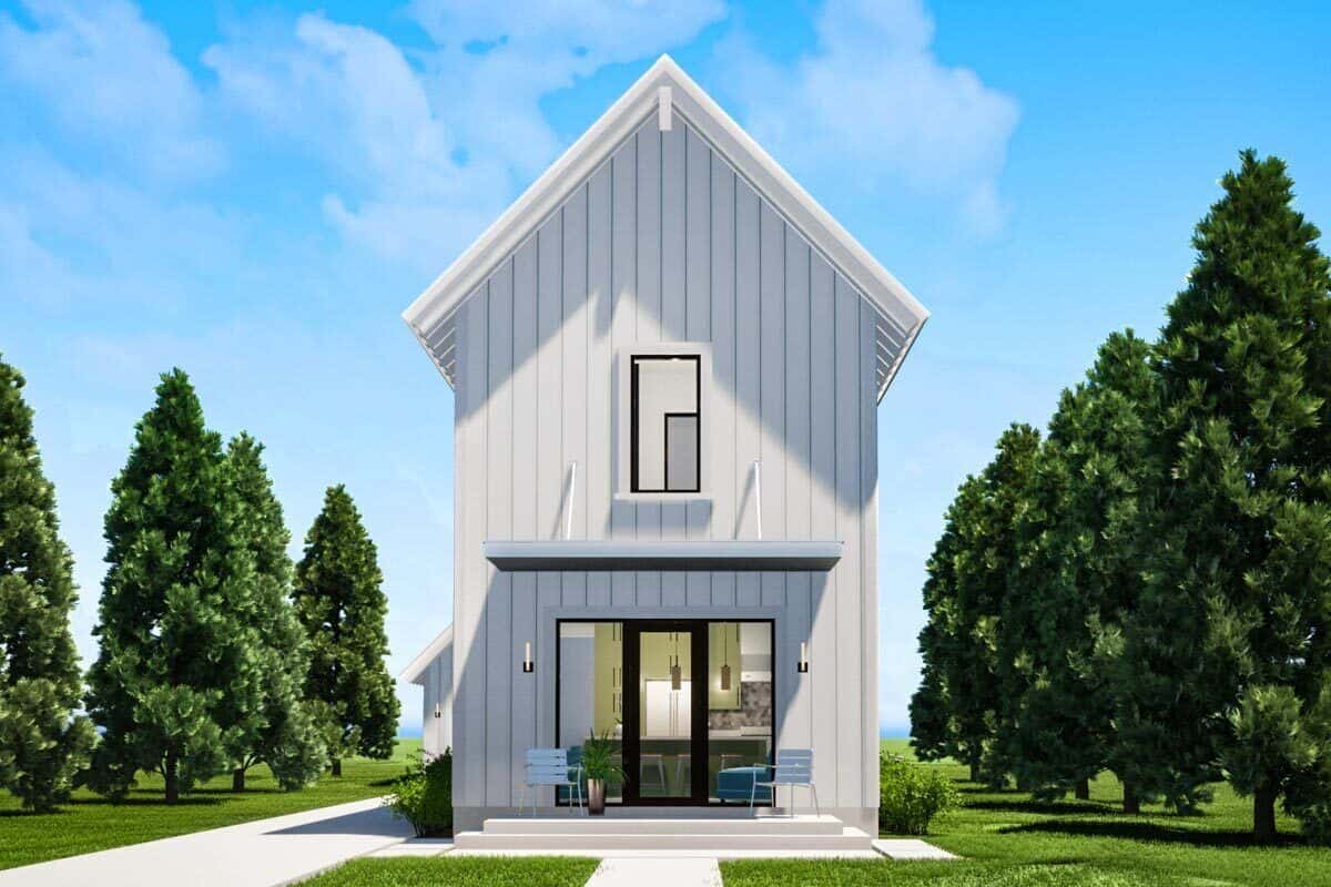 Front rendering with a glazed front door, tall windows, and a covered porch.