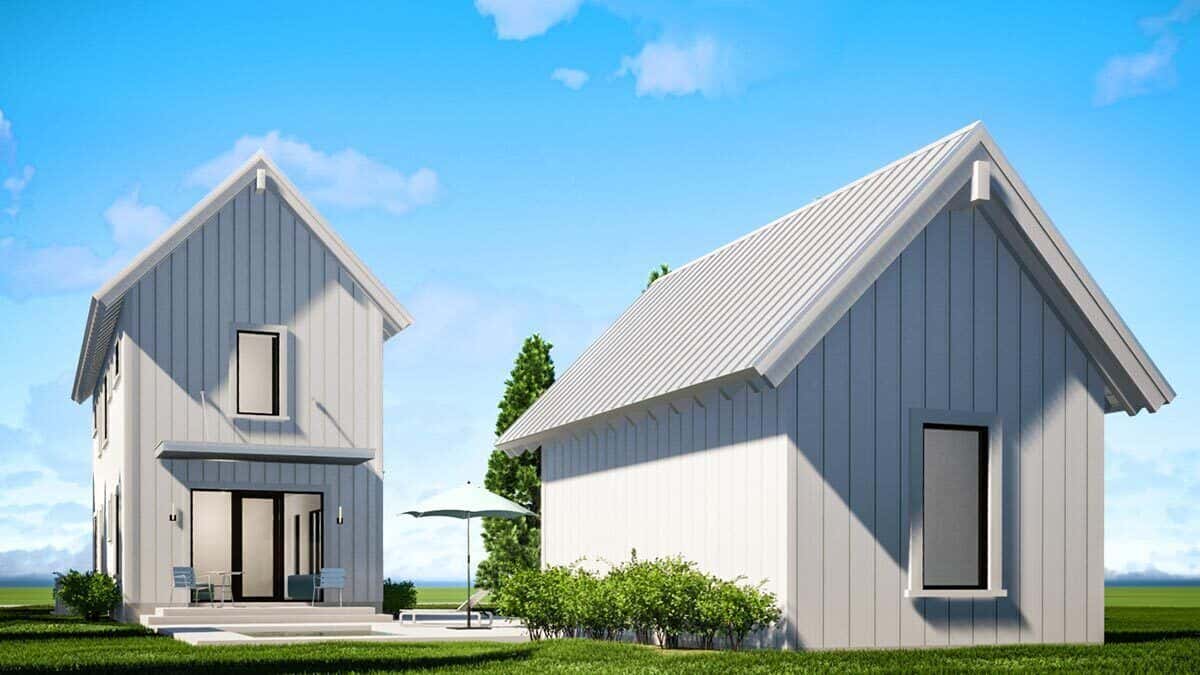 Rear rendering showcasing the detached garage and a pool terrace.