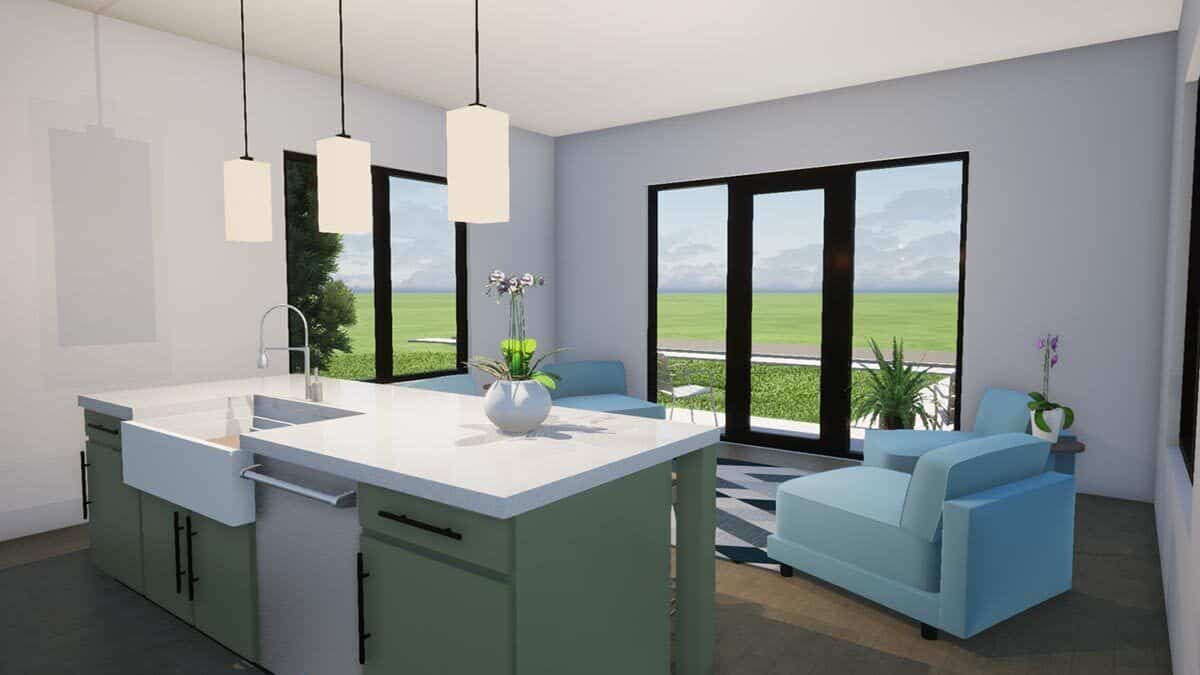 Kitchen island with a farmhouse sink overlooking the living room.