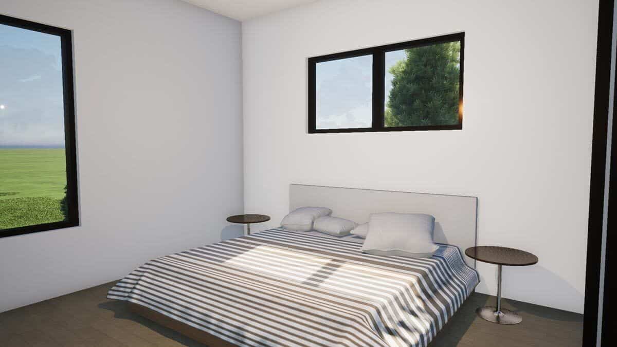 Bedroom with hardwood flooring and a white bed flanked by round nightstands.