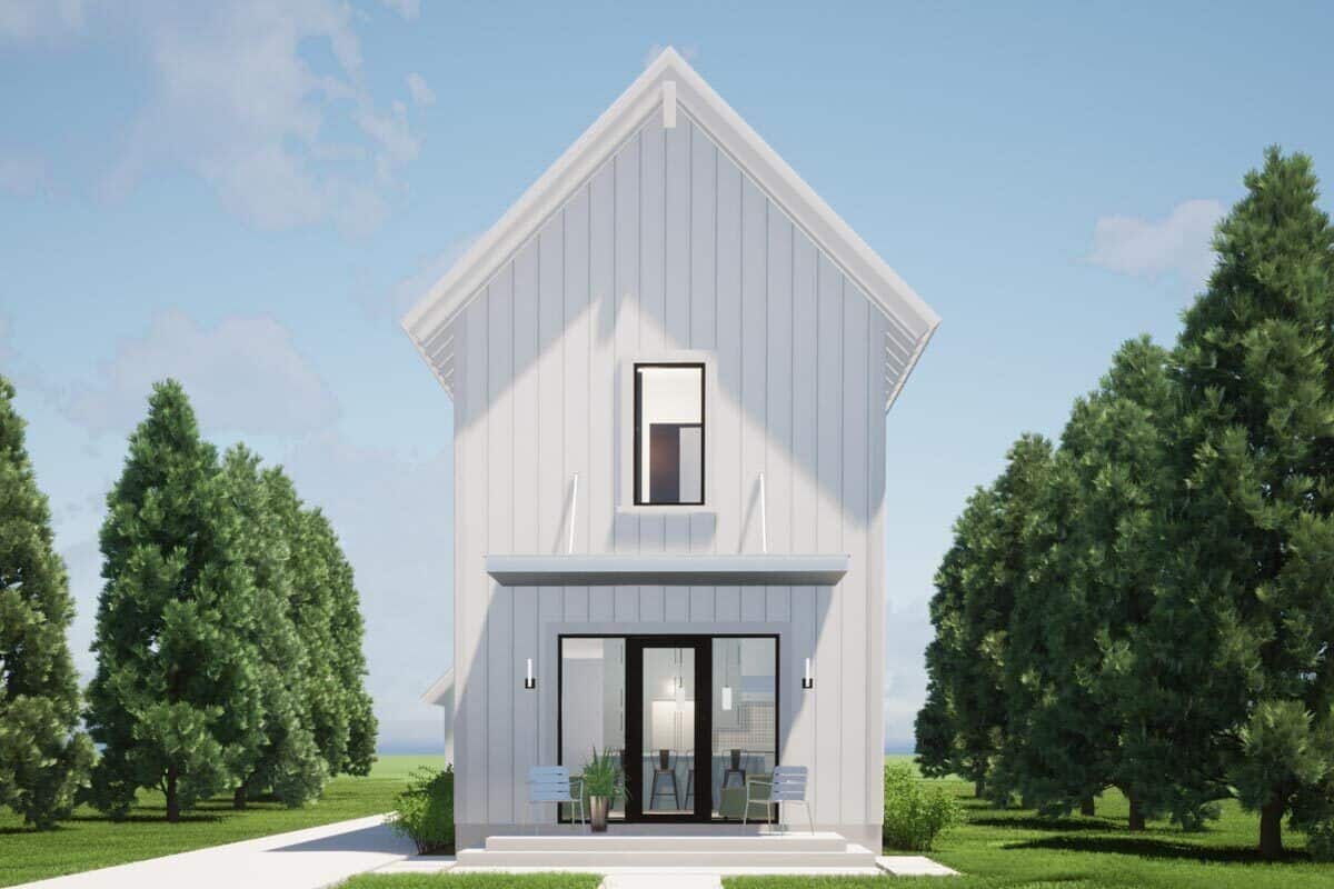 Front rendering with a gable roof and a glazed front door flanked by tall windows.