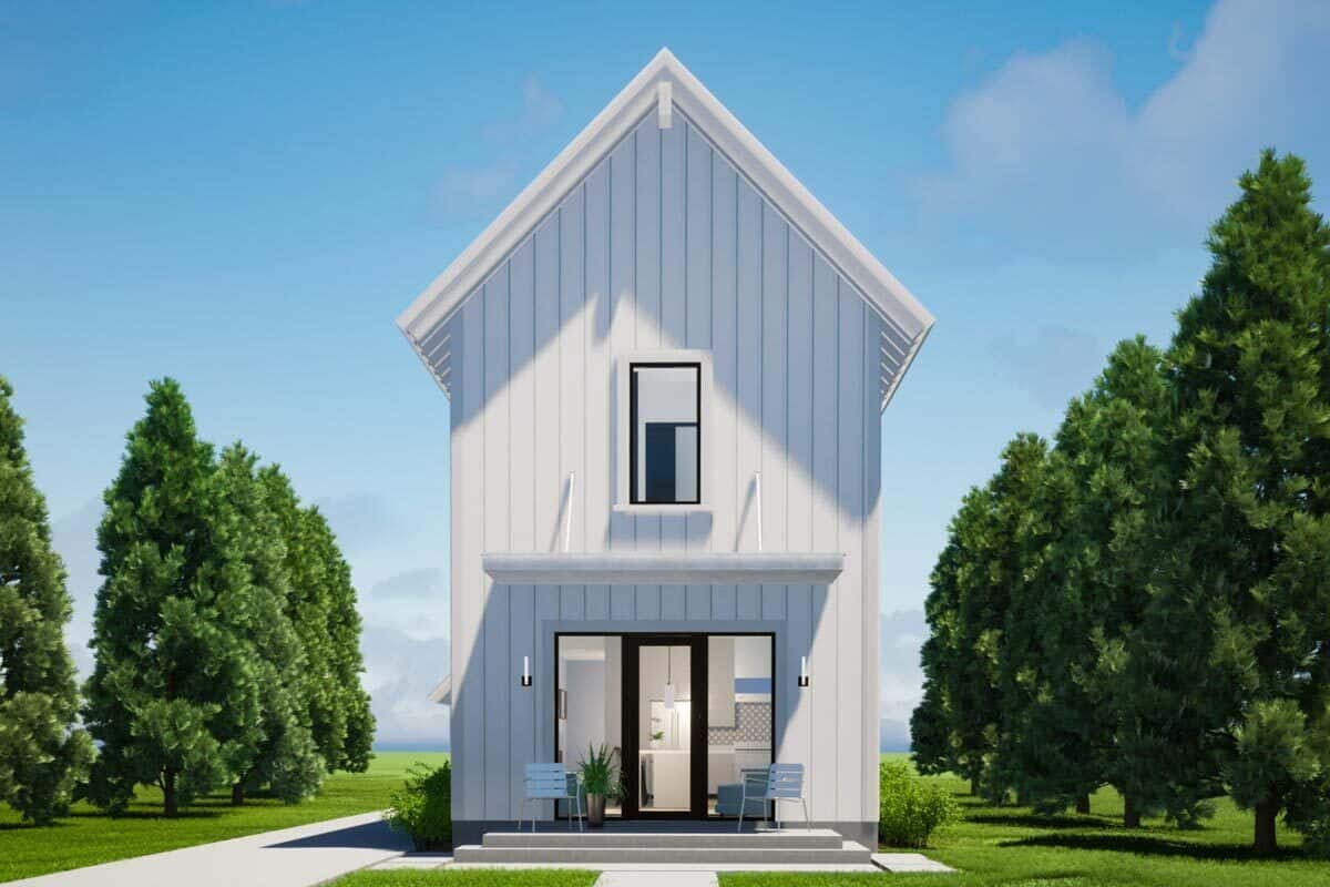 Front rendering with a covered porch, a glazed door, and a gable roof.