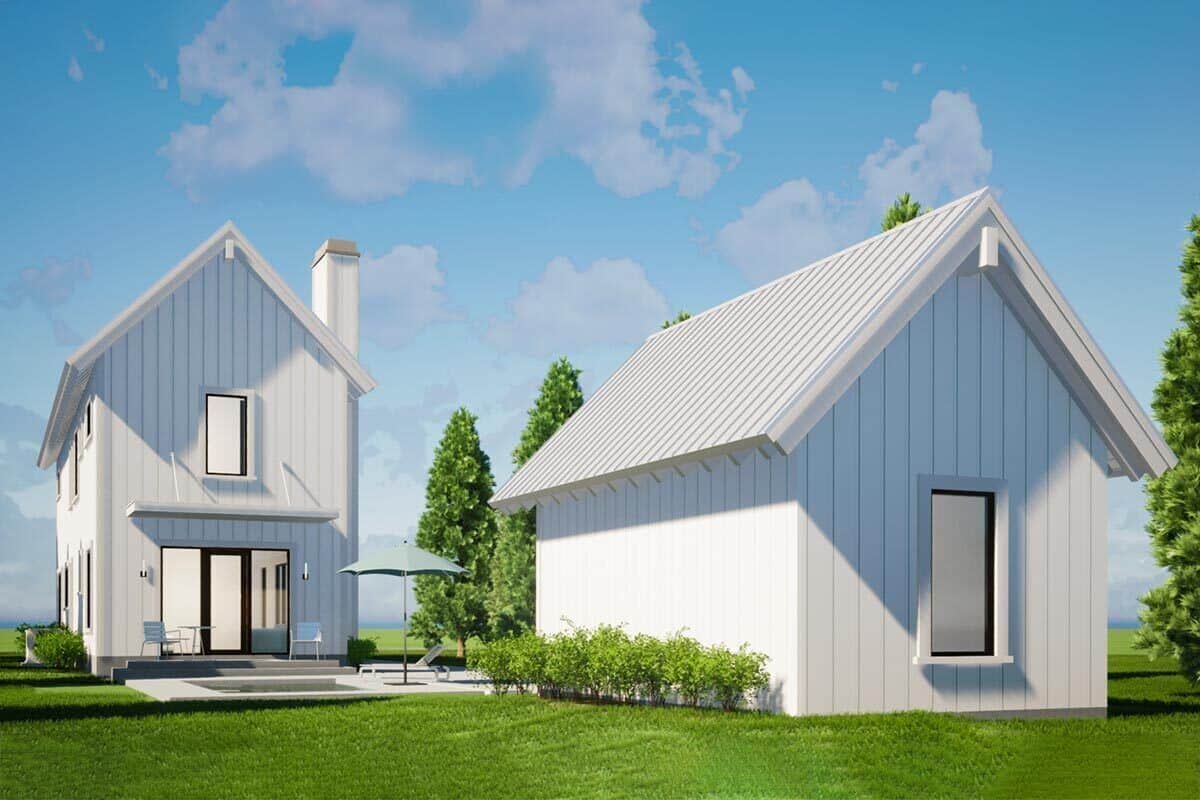 Rear rendering with a covered porch, a pool deck, and a detached garage.