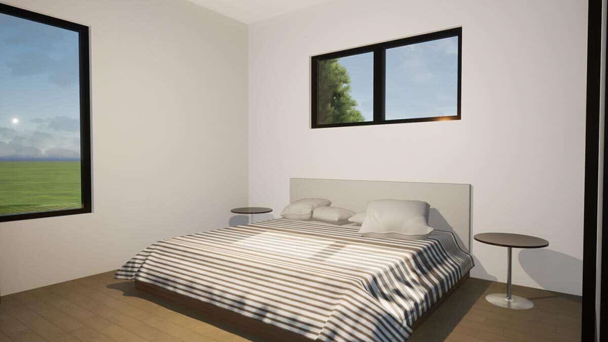 Bedroom with white walls, hardwood floor, and a platform bed flanked by round nightstands.