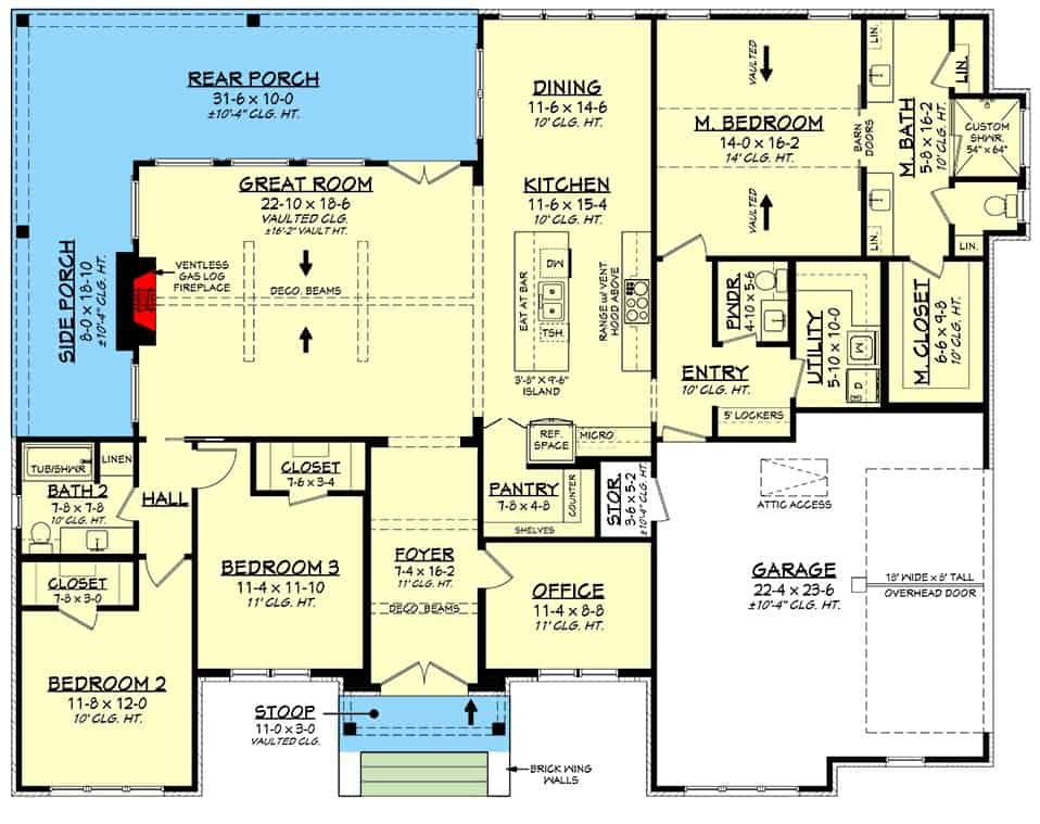 Main level floor plan of a transitional 3-bedroom single-story modern farmhouse with foyer, great room, dining area, kitchen, three bedrooms, utility, and mudroom leading to the garage.
