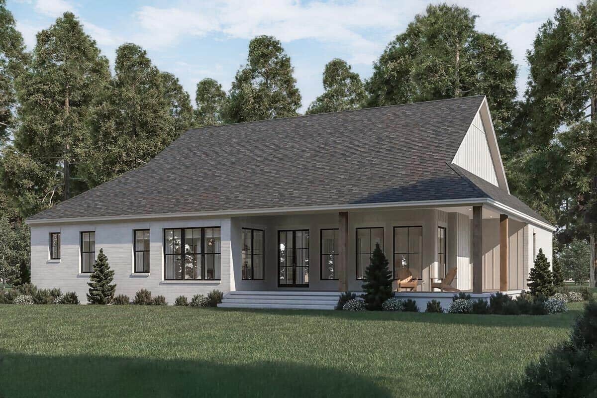 Rear-left rendering with huge windows and a wraparound porch framed with wooden columns.