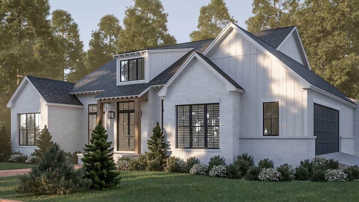 Front-right rendering with gable rooflines, a shed dormer, a covered entry porch, and a side-loading garage.