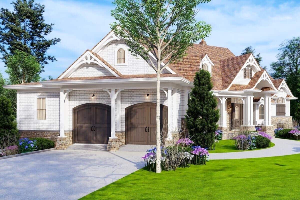 Front-left rendering with an angled 2-car garage and multiple gables adorned with decorative wood trims.