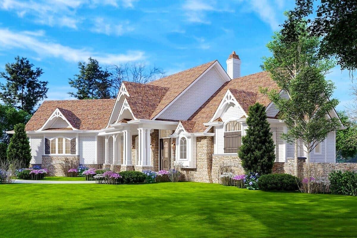 Front-right rendering with stone and siding, and a covered entry porch with stone base columns.