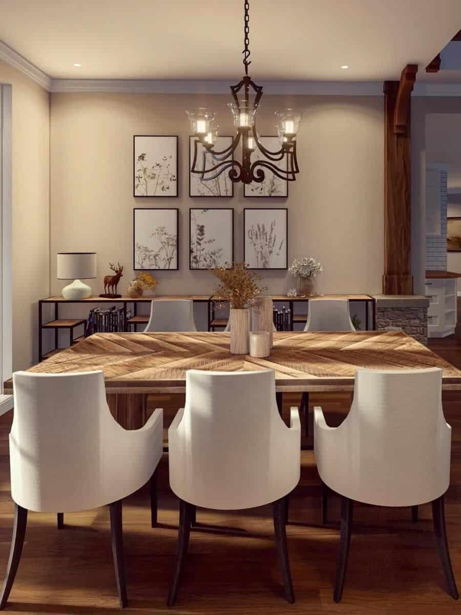 Dining room with a 6-seater dining set topped with a wrought iron chandelier.
