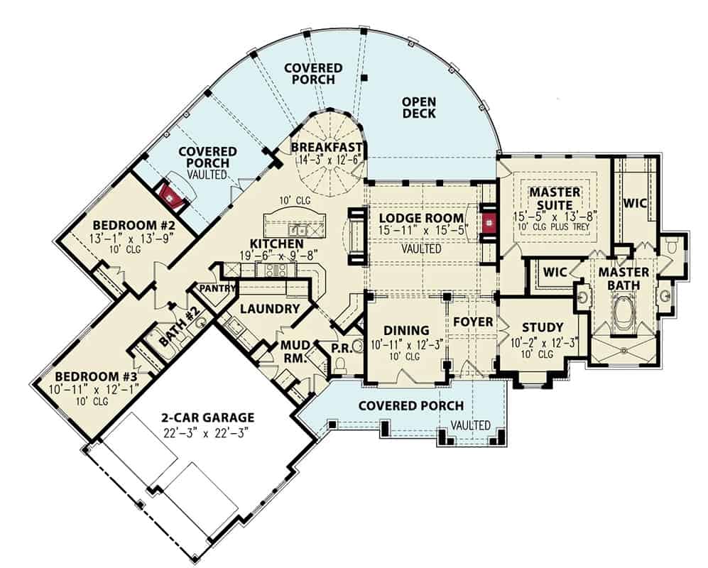 Main level floor plan of a 3-bedroom country single-story craftsman home with foyer, study, dining room, lodge room, kitchen, breakfast nook, three bedrooms, laundry, and mudroom leading to the garage.