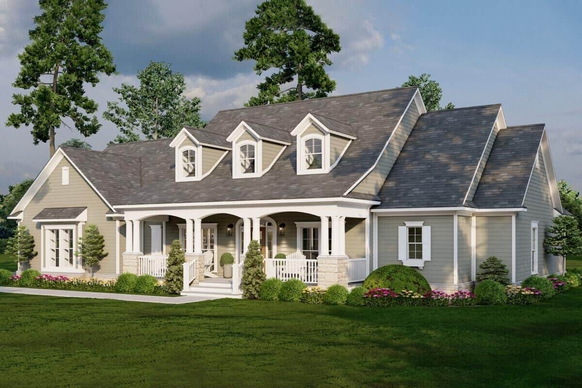 Front-right rendering with a covered entry porch topped with gable dormers.