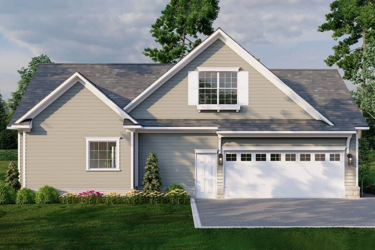 Left rendering with a shuttered window and a 2-car garage with a man door.