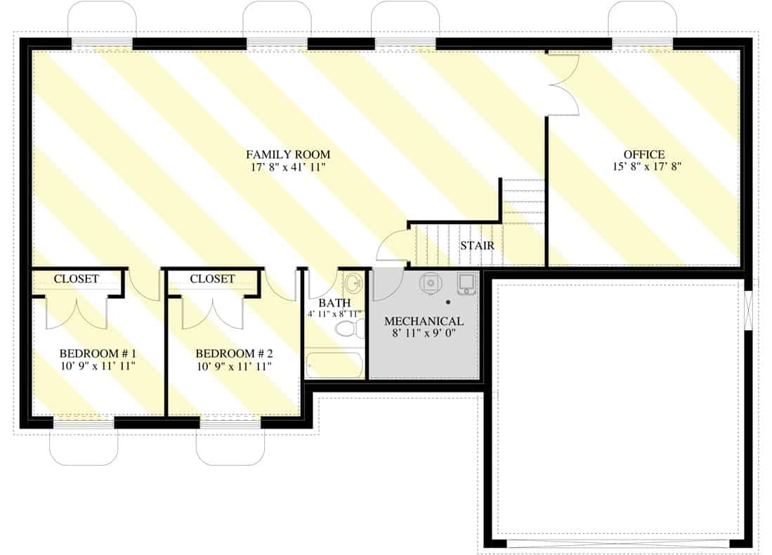 Lower level floor plan with two more bedrooms, a home office, a shared bath, and an enormous family room.