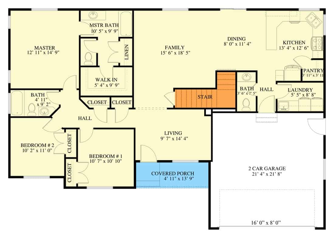 Main level floor plan of a single-story traditional 5-bedroom home with living room, family room, dining area, kitchen, three bedrooms, laundry, and 2-car garage.
