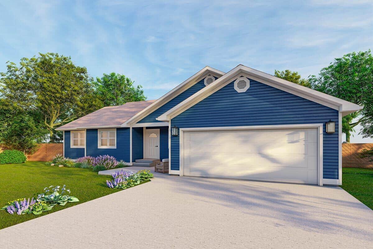 Front-right rendering with a covered entry porch and a double garage complemented with a concrete driveway.