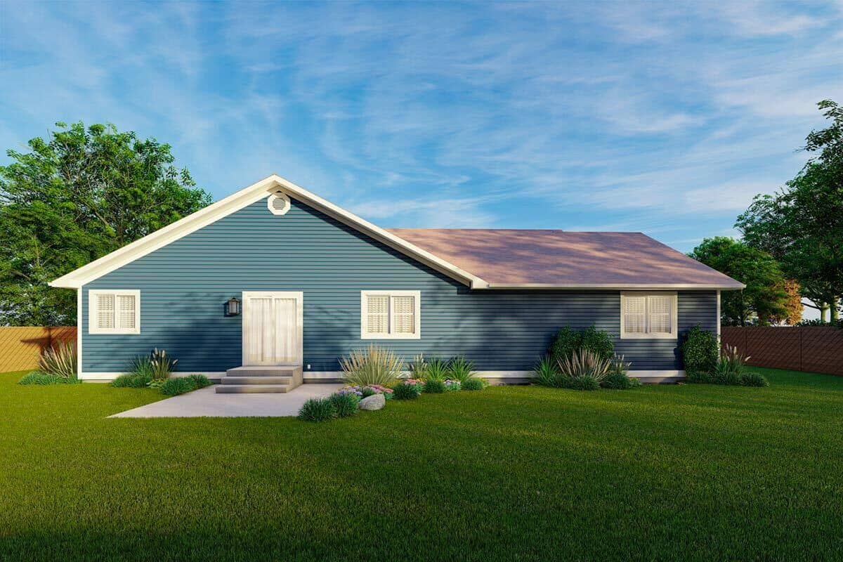 Rear rendering with a large gable, white-framed windows, sliding glass doors, and a concrete patio.