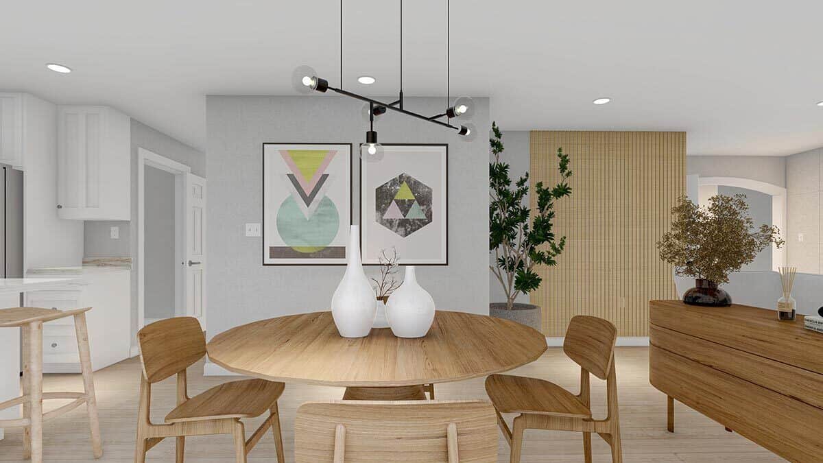 The dining area sits in between the kitchen and the family room. 
