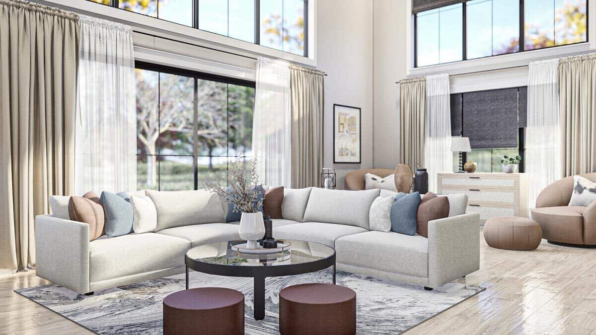 Massive windows fill the great room with natural light.
