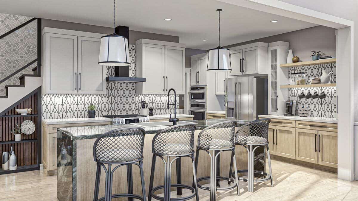 Kitchen with custom cabinetry, floating shelves, marble countertops, and a breakfast island paired with perforated bar stools.