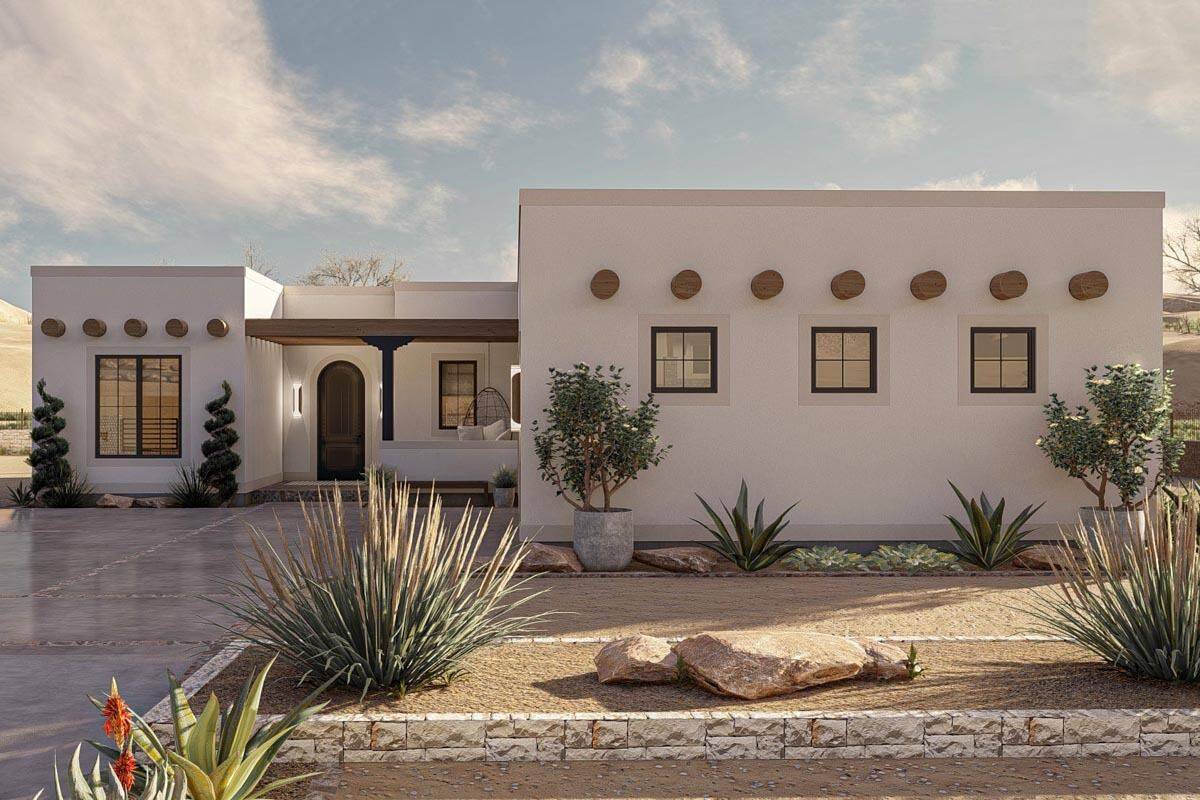 Front rendering with a covered entry porch and a double side-loading garage.