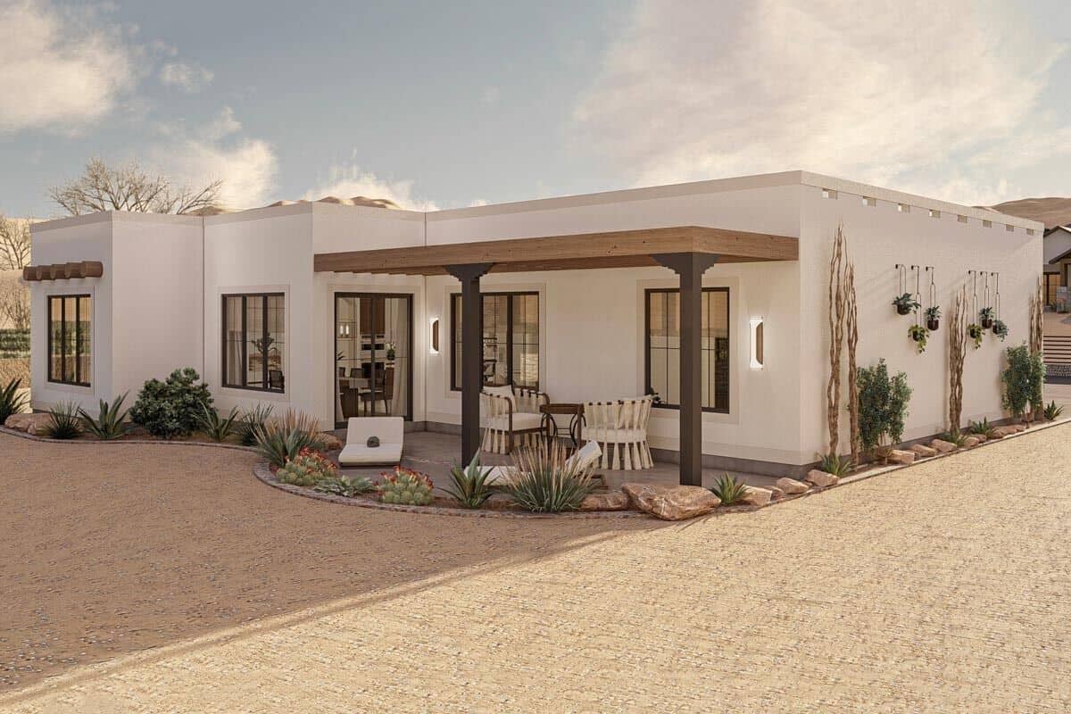 Rear-left rendering with a sliding windows and doors, and a covered porch.