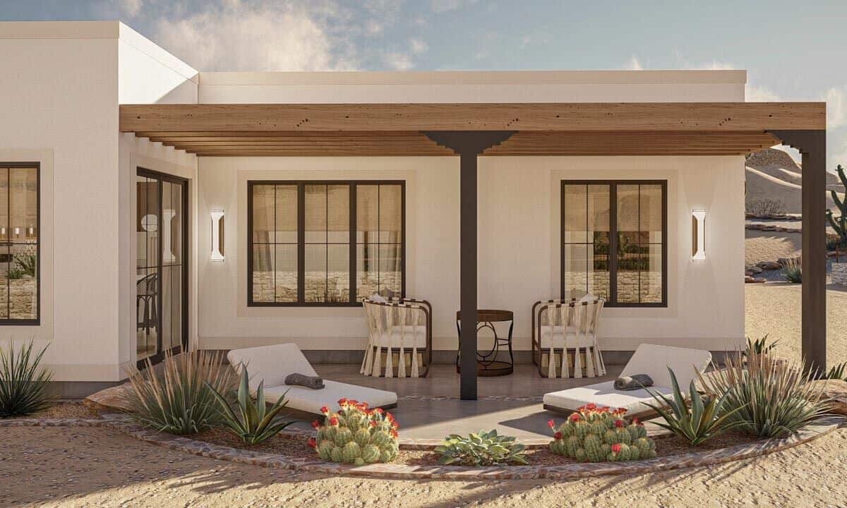 Rear patio with dark wood pillars and a trellis porch.