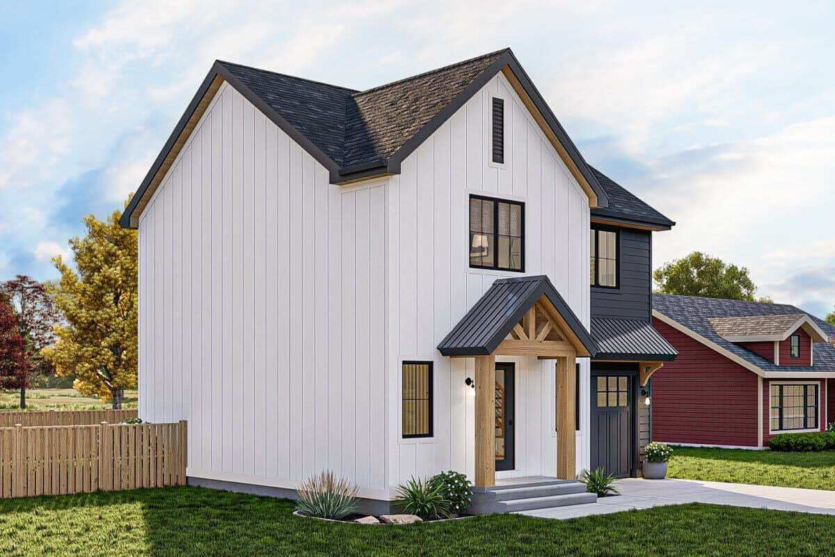 Front-left rendering with vertical siding and a covered entry framed with rustic timbers.