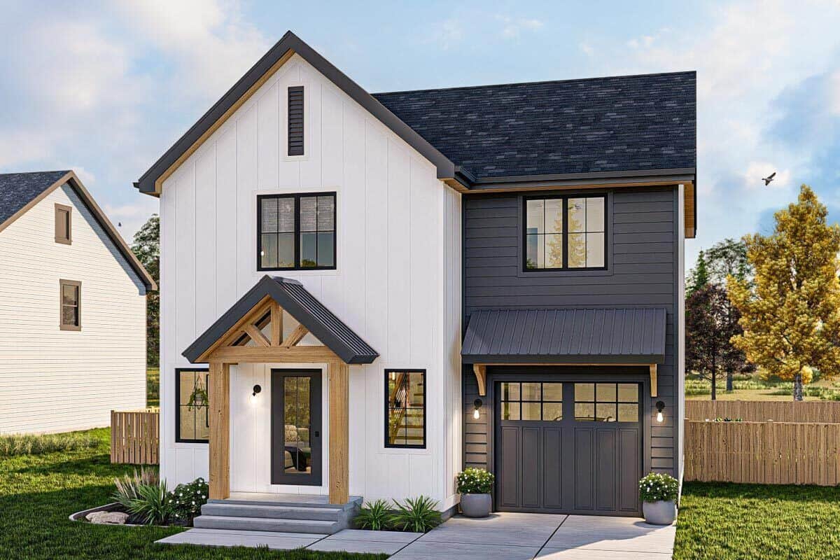 Front-right rendering showcasing the single garage and concrete driveway.