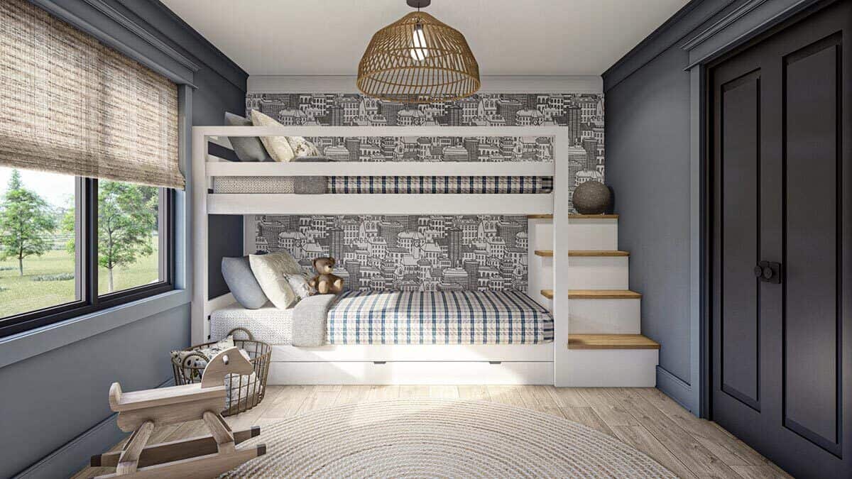 Kids' bedroom with a bunk bed and a built-in closet concealed behind the black double doors.