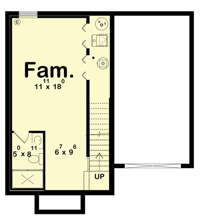 Lower level floor plan with a family room and a full bathroom.