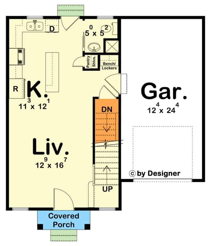 Main level floor plan of a two-story farmhouse style 3-bedroom home with living room, kitchen, and a mudroom leading to the garage.