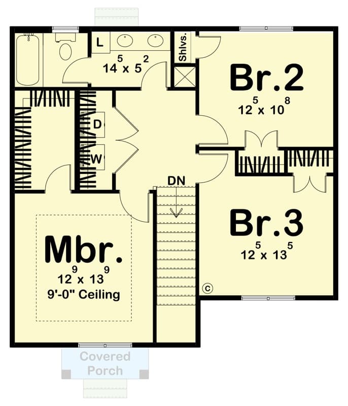 Second level floor plan with three bedrooms, a shared bathroom, and a laundry closet.