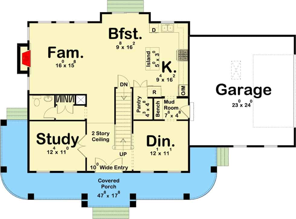Main level floor plan of a 3-bedroom Southern two-story colonial home with foyer, study, dining room, family room, kitchen, breakfast nook, and mudroom leading to the garage.
