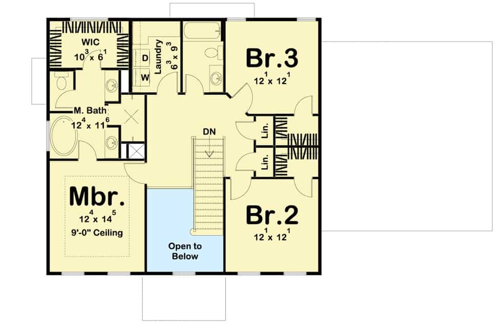 Second level floor plan with three bedrooms, two baths, and a laundry room.