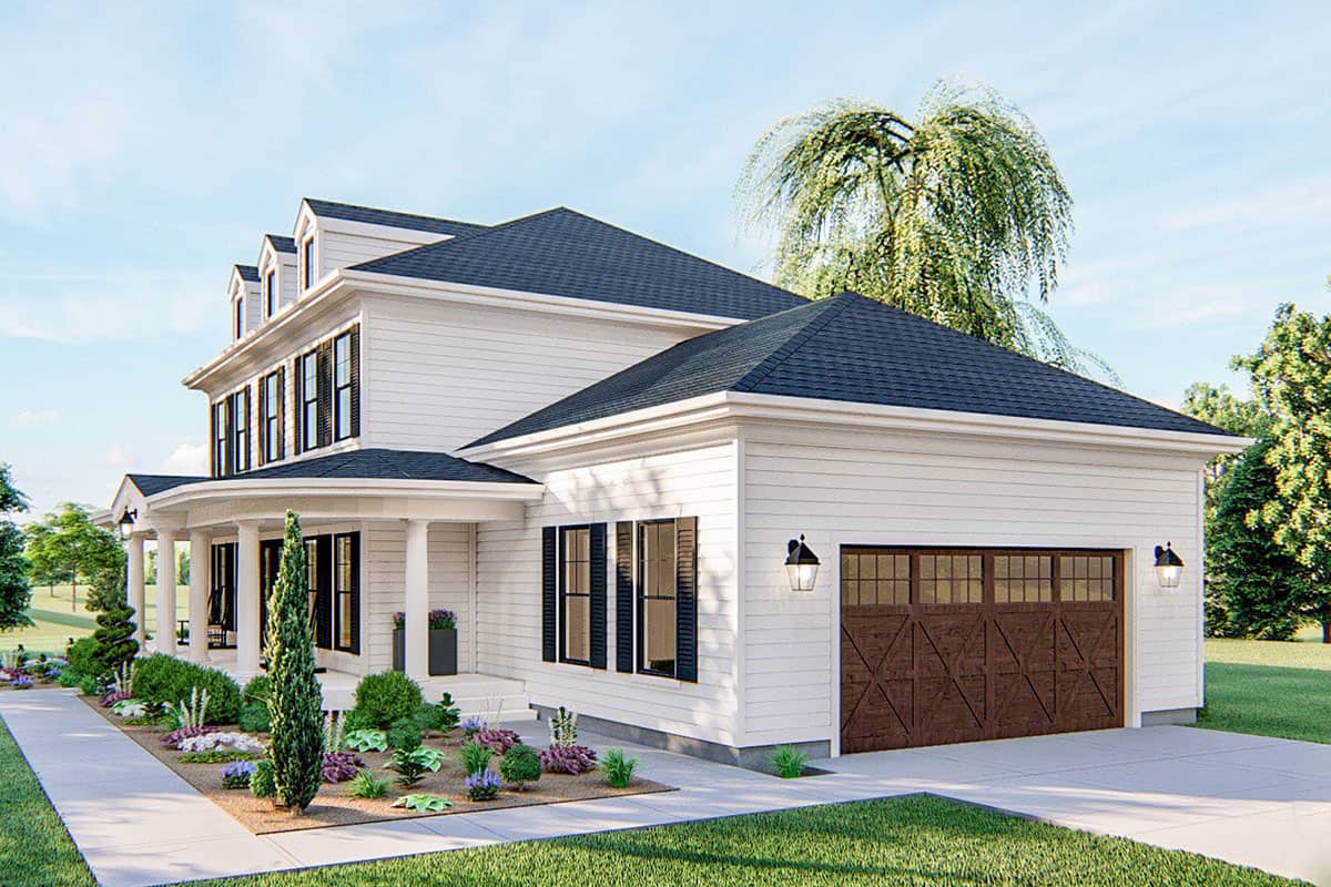 Front-right rendering with hipped rooflines and a side-entry garage.