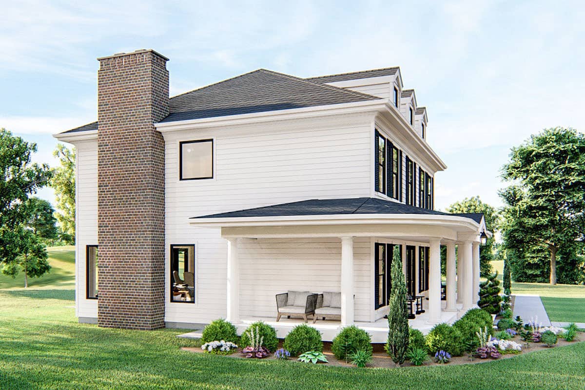 Front-left rendering with a brick fireplace and a covered porch bordered with round columns.
