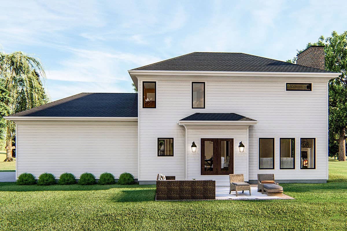 Rear rendering with sleek windows, sliding glass doors, and a concrete patio.
