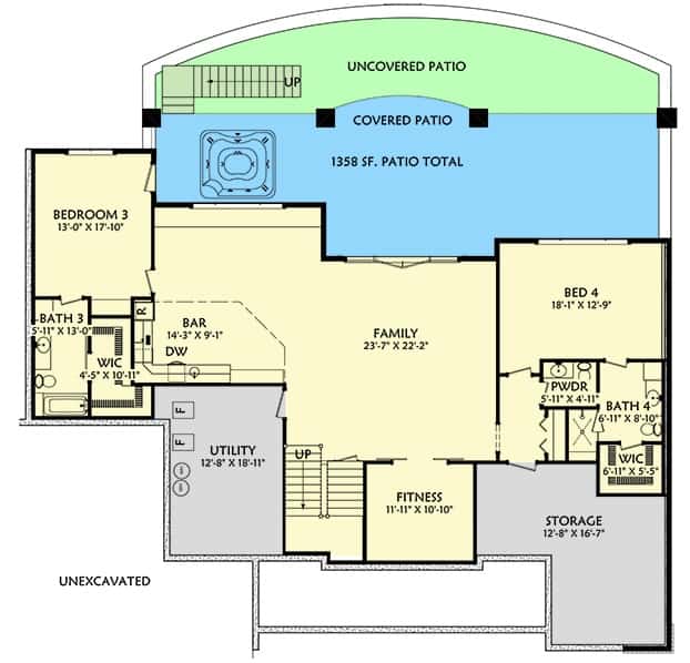 Lower level floor plan with two bedrooms, fitness room, and family room with a wet bat and patio access.